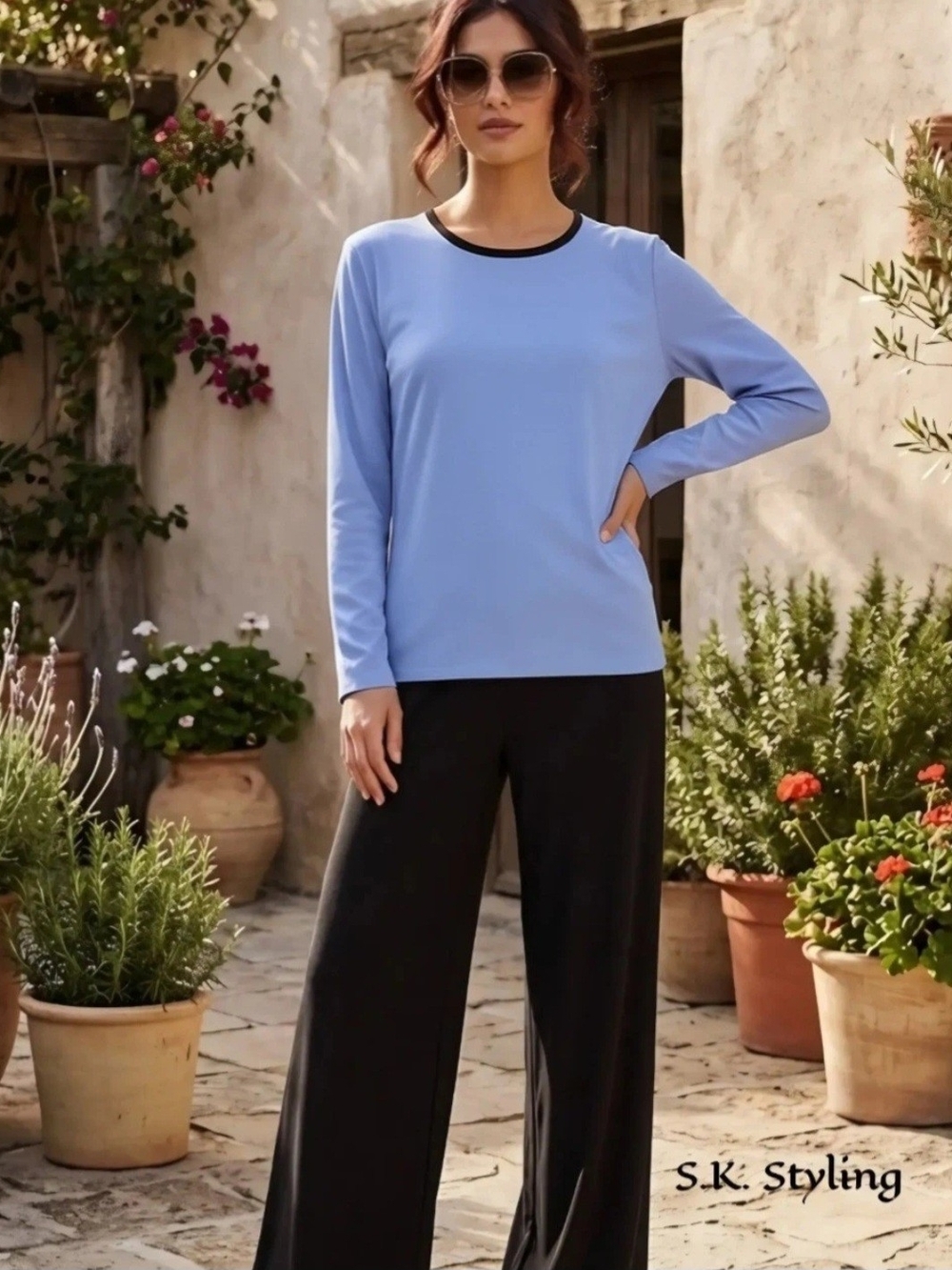 Lands' End Blue Long Sleeve Stretch Knit Top Contrast Trim Neck Women's size XL